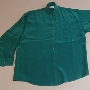 Vintage Adam Douglass Blouse Women's M 100% Silk Emerald Green Made In Hong Kong
